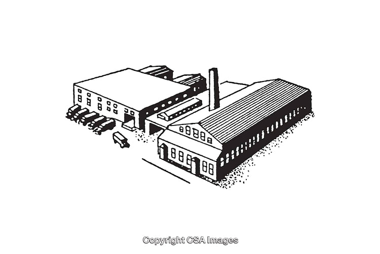 Vintage Black and White Factory Building Line Art Illustration
