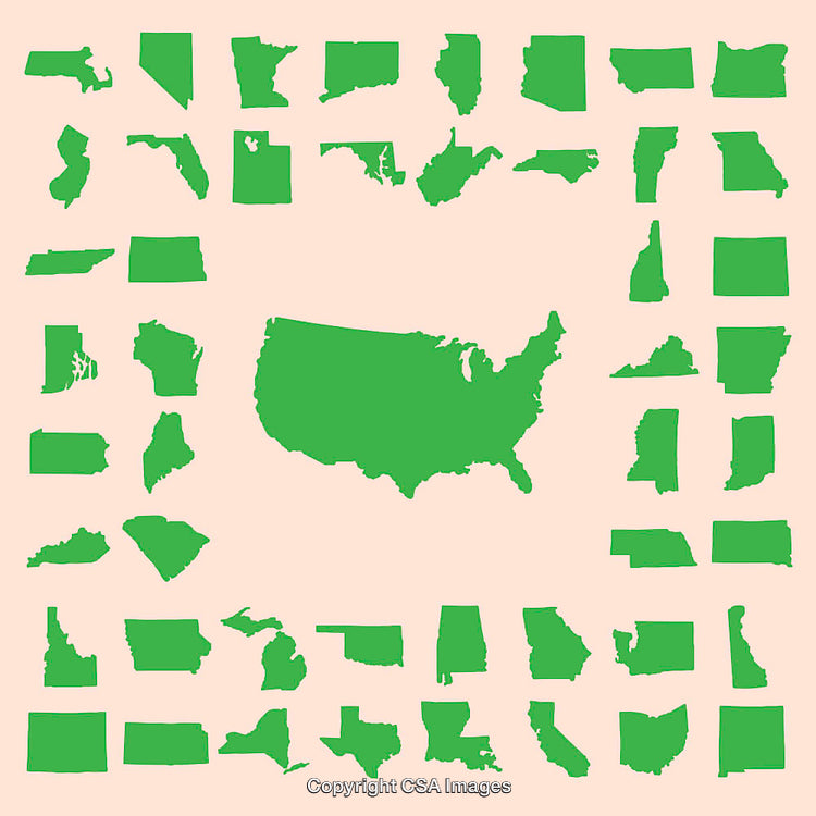 Map of the United States with Individual Green State Outlines