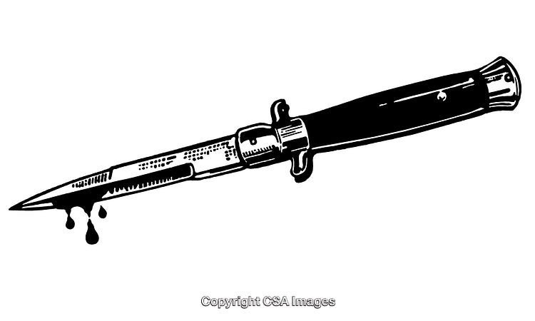 Black and White Engraving of a Traditional Foldable Knife with Dripping Detail