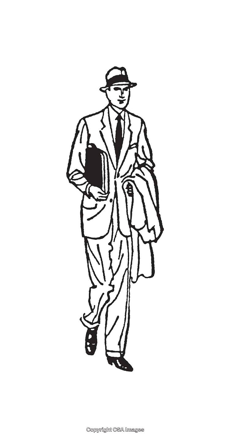 Vintage Line Art Illustration of a Businessman in a Suit and Hat