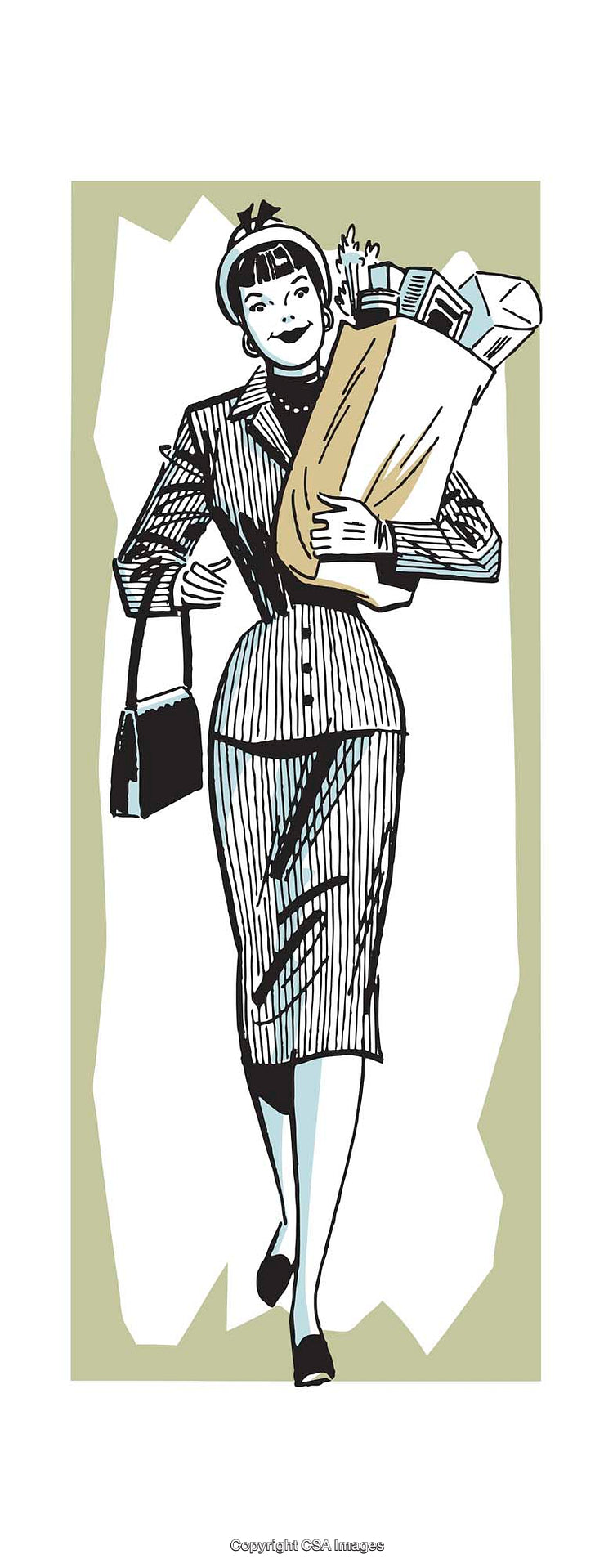 Illustrated Stylish Woman Carrying Grocery Bag in Retro Art Style