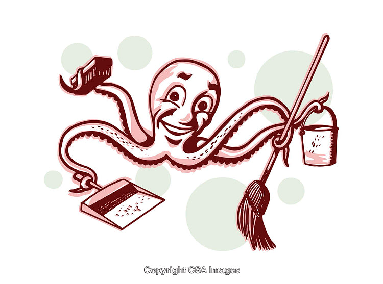Playful Octopus Cartoon Performing Cleaning Tasks With Multiple Tools