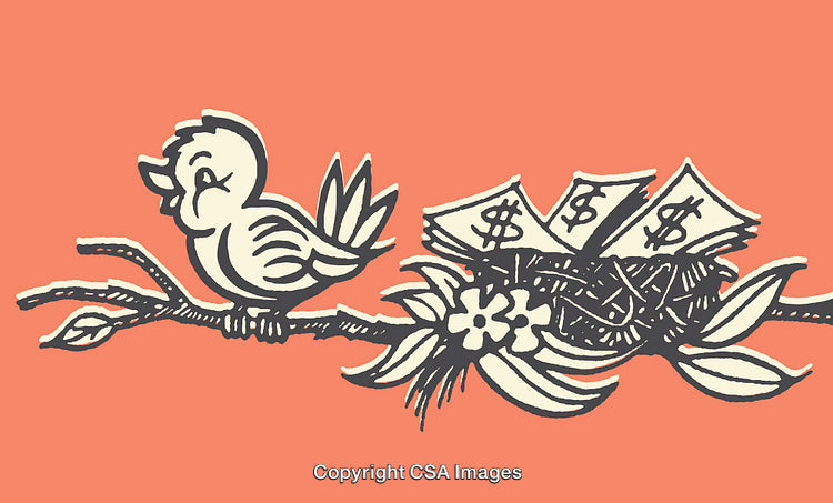 Cartoon Bird with Nest of Money on Floral Branch Illustration