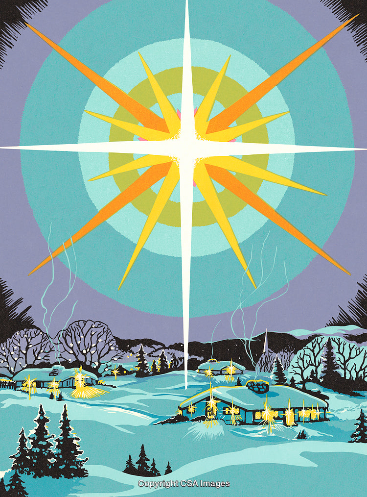 Bright Star Above Snowy Winter Village at Twilight