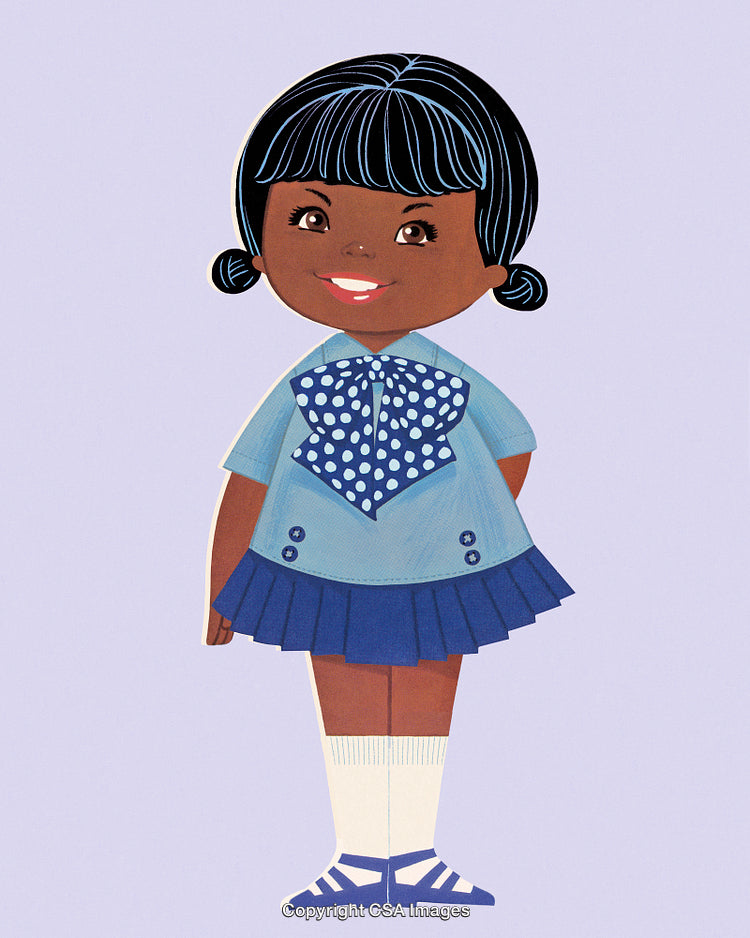 Smiling Girl Character in School Uniform with Blue Polka Dot Bowtie