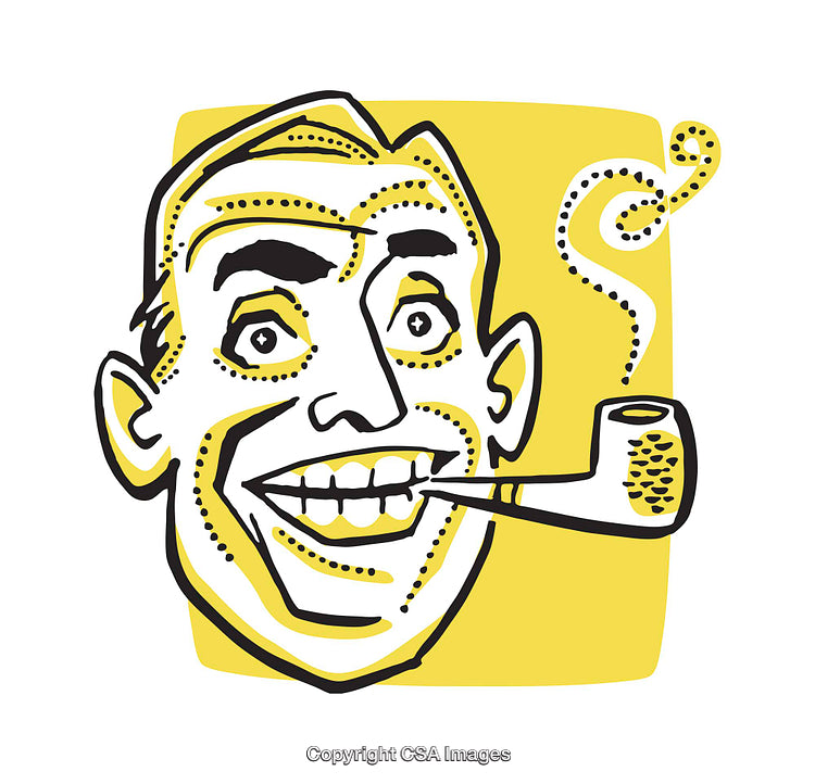 Cartoon Illustration of Smiling Man Smoking a Pipe with Yellow Background