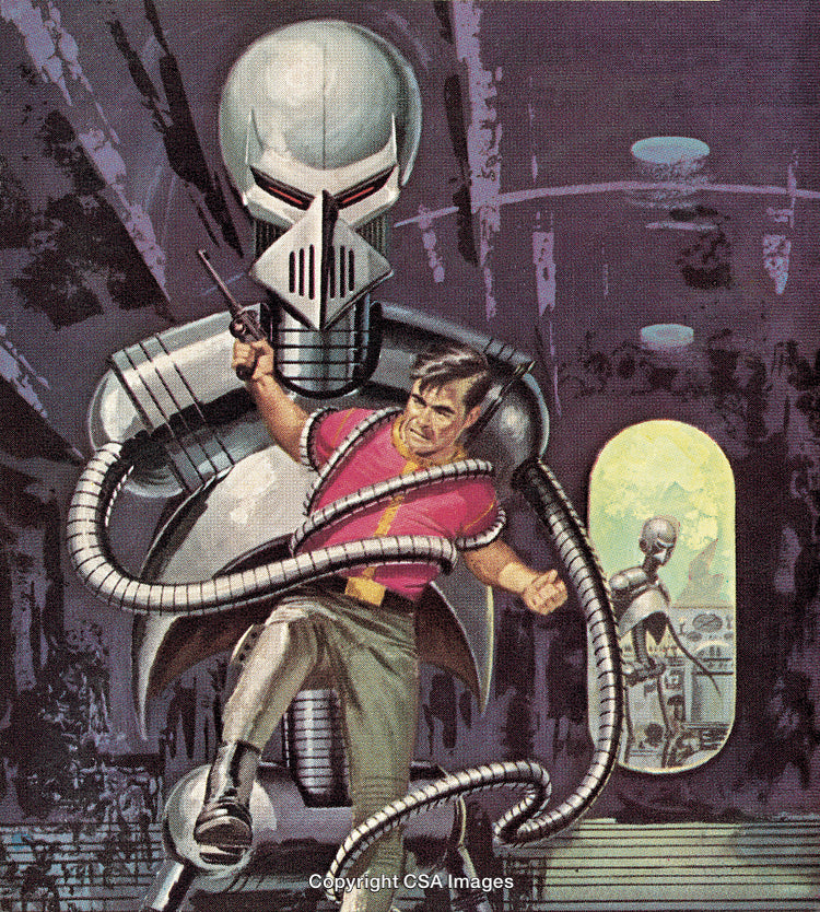 Retro Futuristic Scene of Man Facing a Large Menacing Robot Character