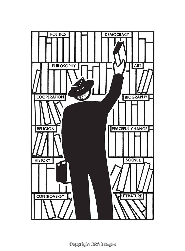 Silhouette of a Man Reaching for Books in a Themed Bookcase