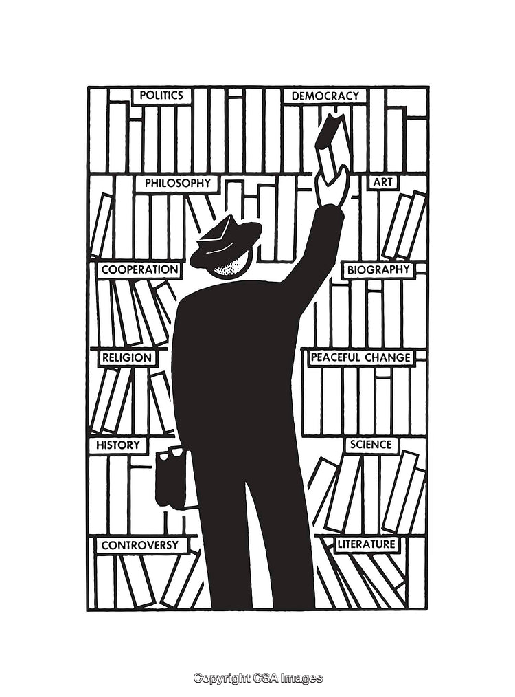 Silhouette of a Man Reaching for Books in a Themed Bookcase