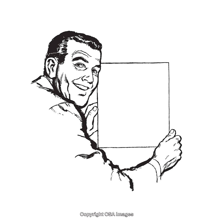 Retro-Style Line Art Illustration of a Smiling Man With a Blank Sign