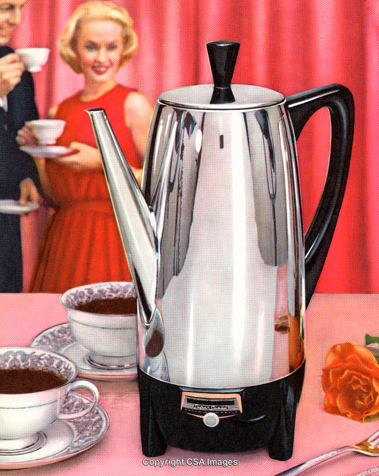 Vintage Coffee Maker Displayed With Cups, Against a Vibrant Retro Setting