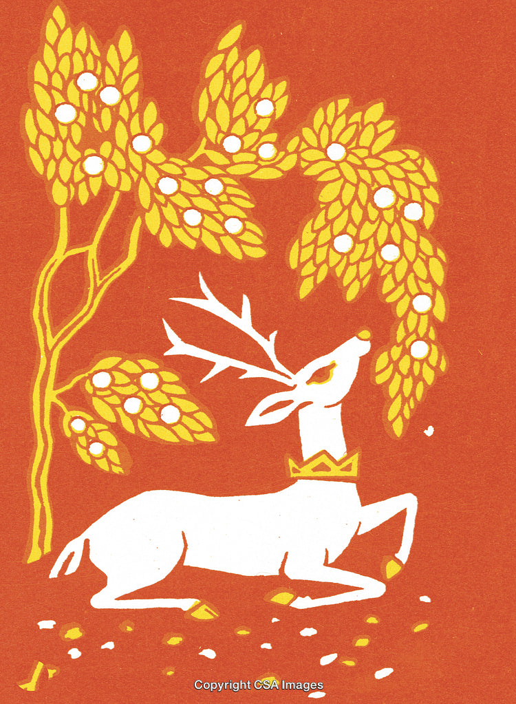 Majestic White Deer With Golden Crown Among Blossoming Trees