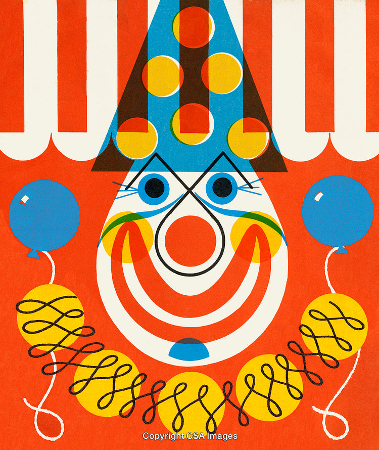 Colorful Clown Illustration with Balloons and Whimsical Elements on Red Background