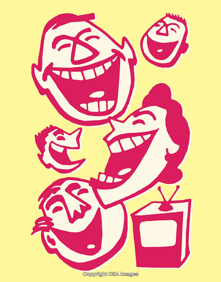 Colorful Illustration of Laughing Faces and Television on Yellow Background