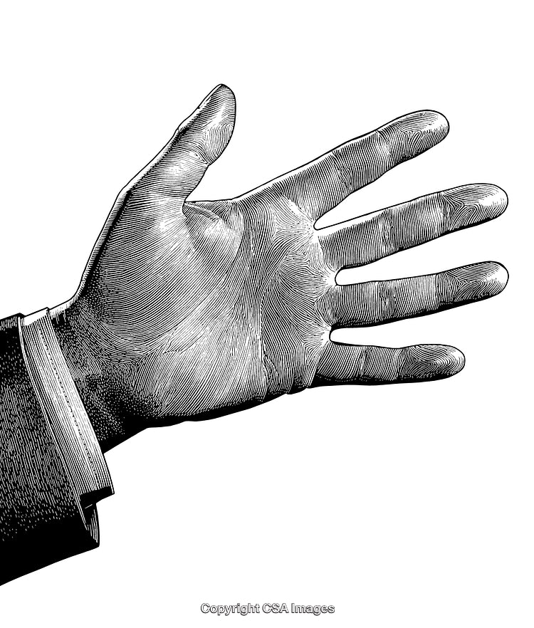 Intricate Black and White Engraving of an Open Human Hand