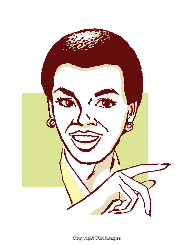 Colorful Illustration of Smiling Person Pointing Rightward with Expressive Gesture
