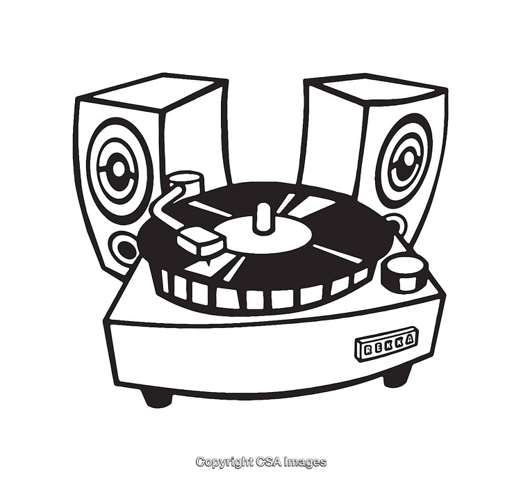 Black And White Line Art of a Record Player with Two Speakers
