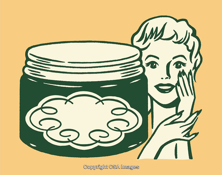 Vintage Line Art of Cosmetic Jar and Smiling Woman on Yellow Background