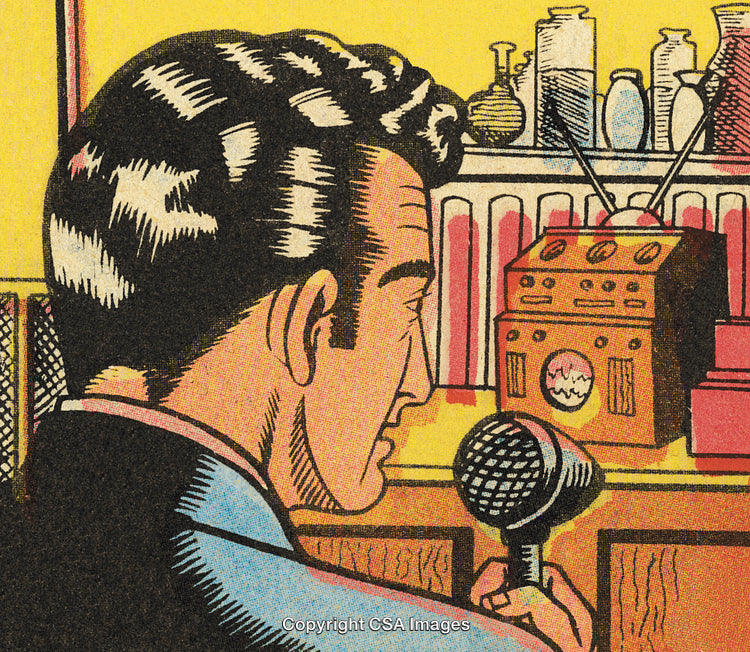 Retro Style Illustration of Man Speaking Into Microphone in Studio