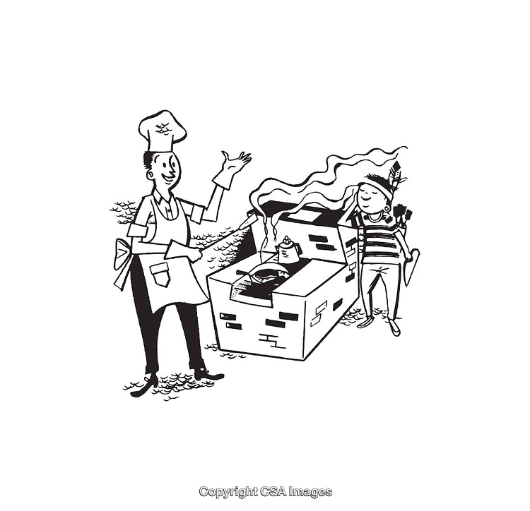 Chef Grilling Outdoors with Playful Pirate-Themed Character Line Art Illustration