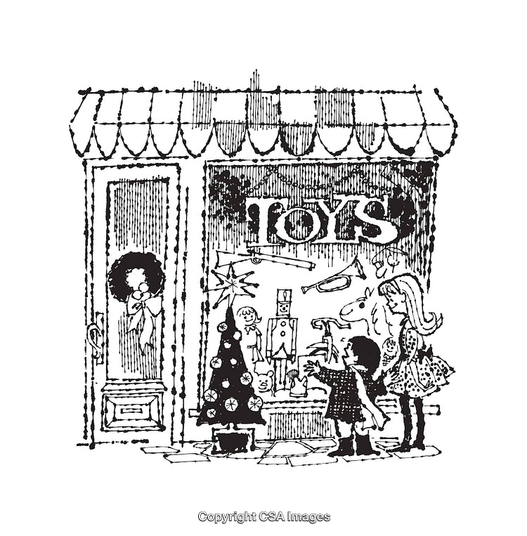 Vintage Illustration of Children Admiring a Toy Shop During Christmas Season