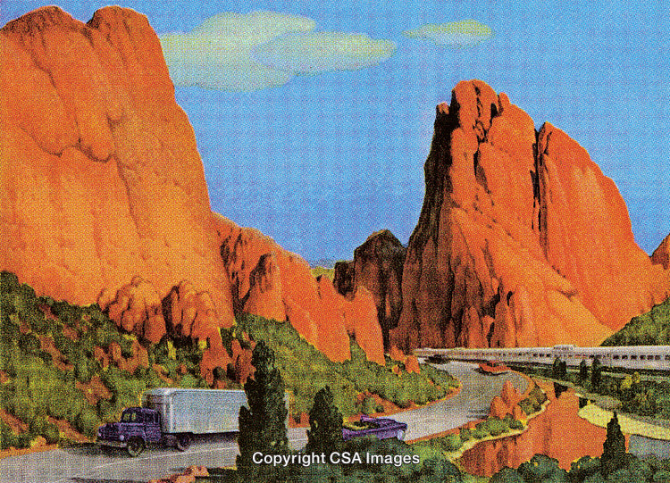 Scenic Desert Landscape with Red Rock Formations and Vehicles on the Road