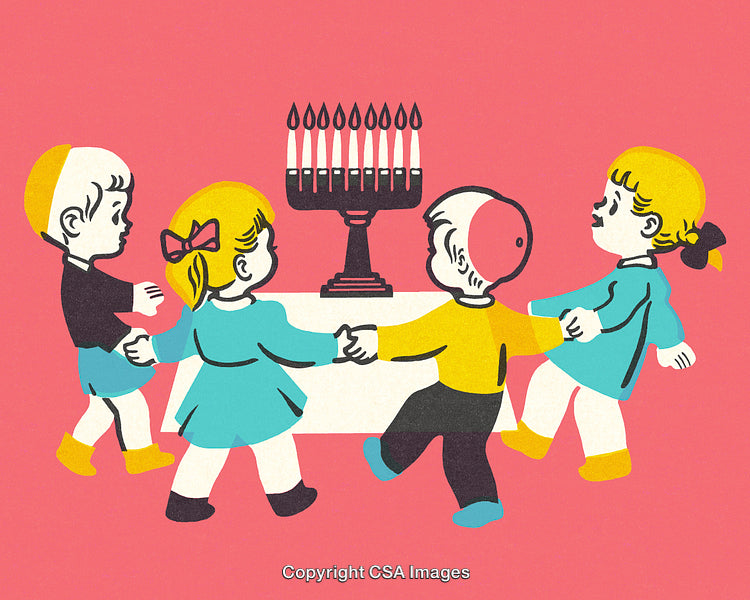 Children Holding Hands Around a Table with a Menorah Illustration