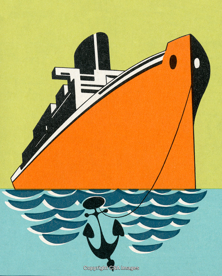 Illustration of an Ocean Liner with Anchor Against Colored Background
