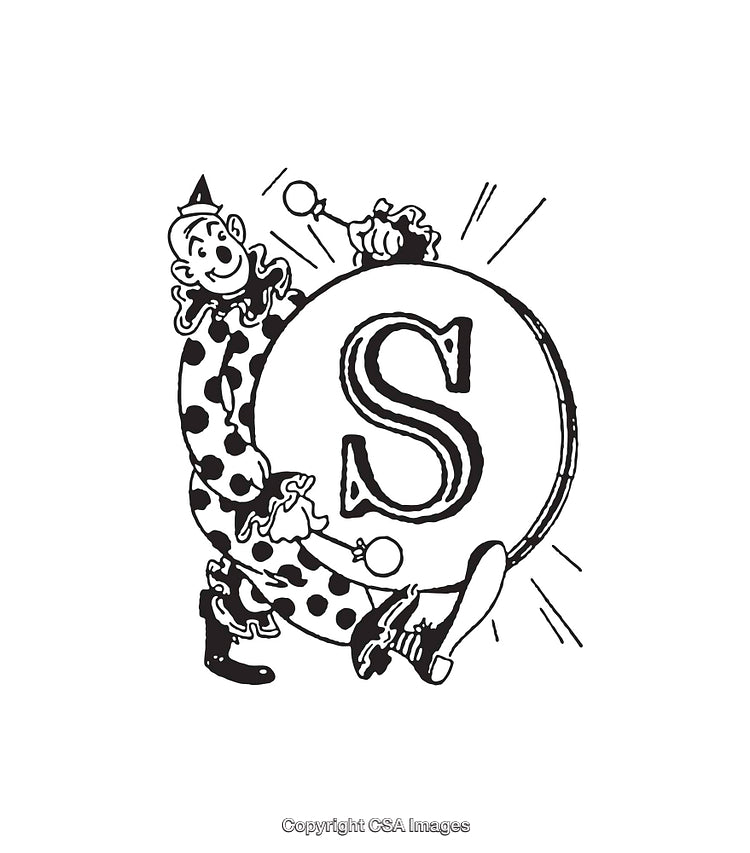 Vintage Black and White Line Illustration of a Playful Clown with Letter S