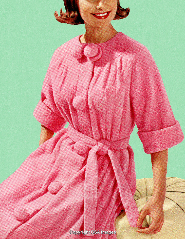 Vintage Style in Pink Bathrobe Against a Retro Green Background