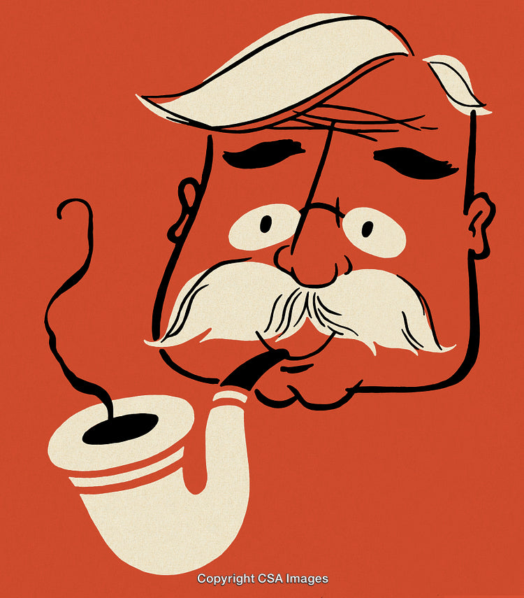 Illustration of a Mustachioed Man Smoking Pipe on Red Background