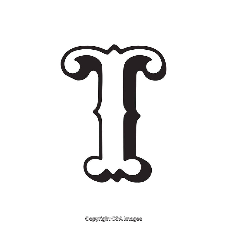 Ornate Vintage Letter T in Black on White Background