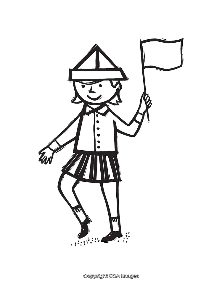 Black and White Line Art of Girl With Paper Hat and Flag