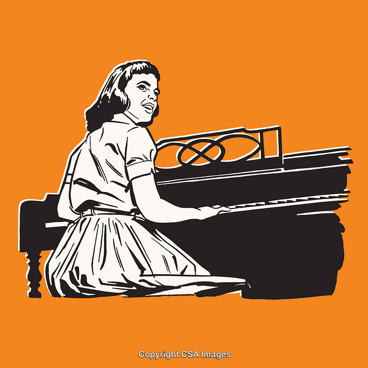 Illustration of a Woman Playing Piano on an Orange Background