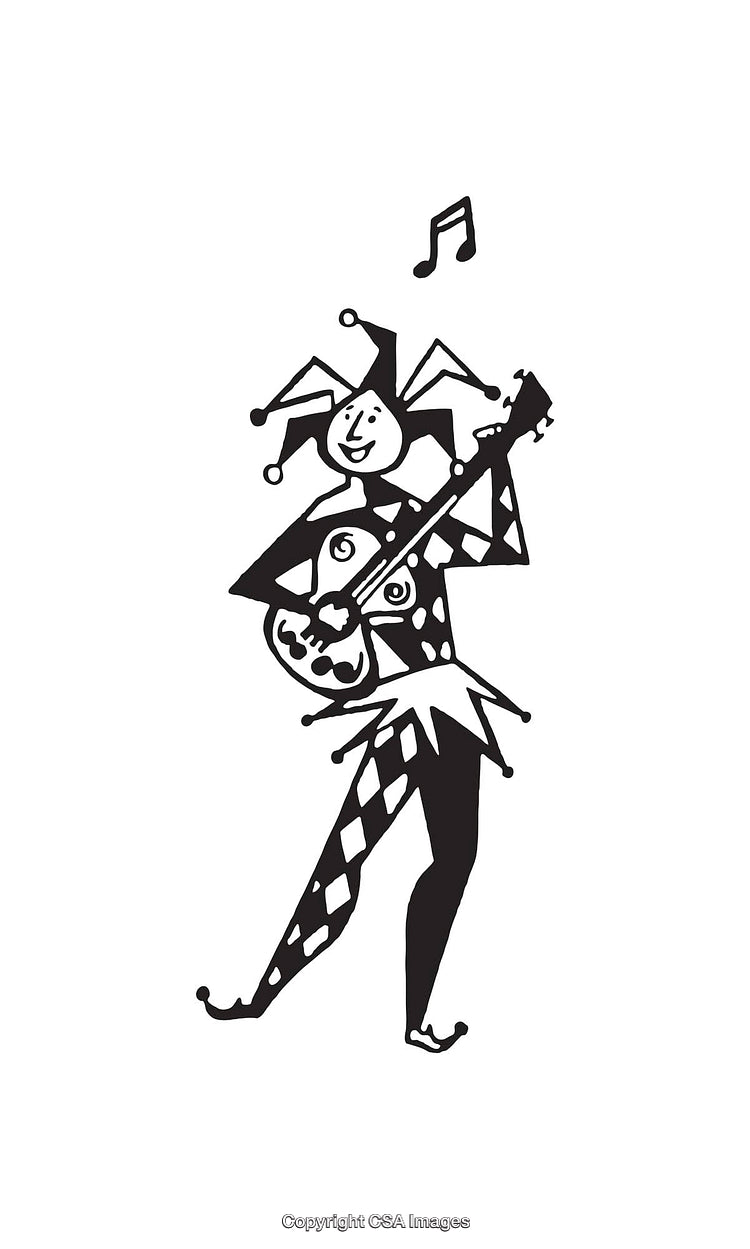 Black And White Jester Playing Guitar Line Art Illustration