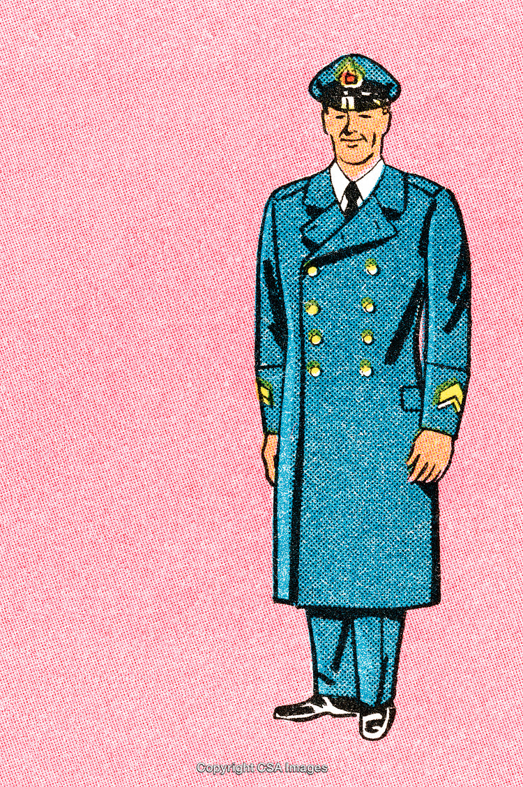Vintage Illustration of Uniformed Man with Pink Background in Comic Style