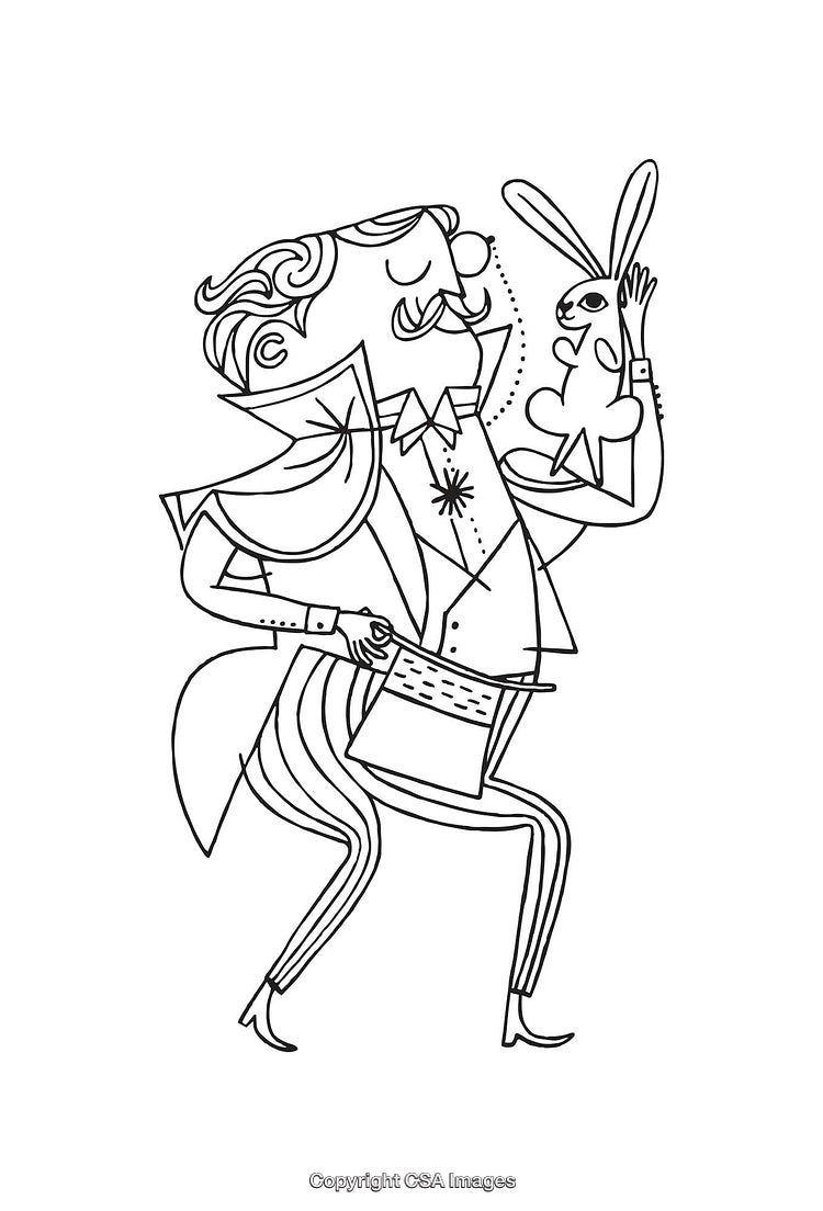 Magician Performing Trick with Rabbit from a Hat Line Art Illustration