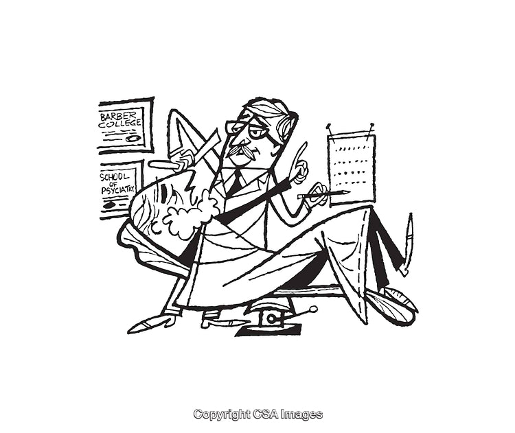 Humorous Illustration of Barber Practicing Psychiatry in Line Art Style