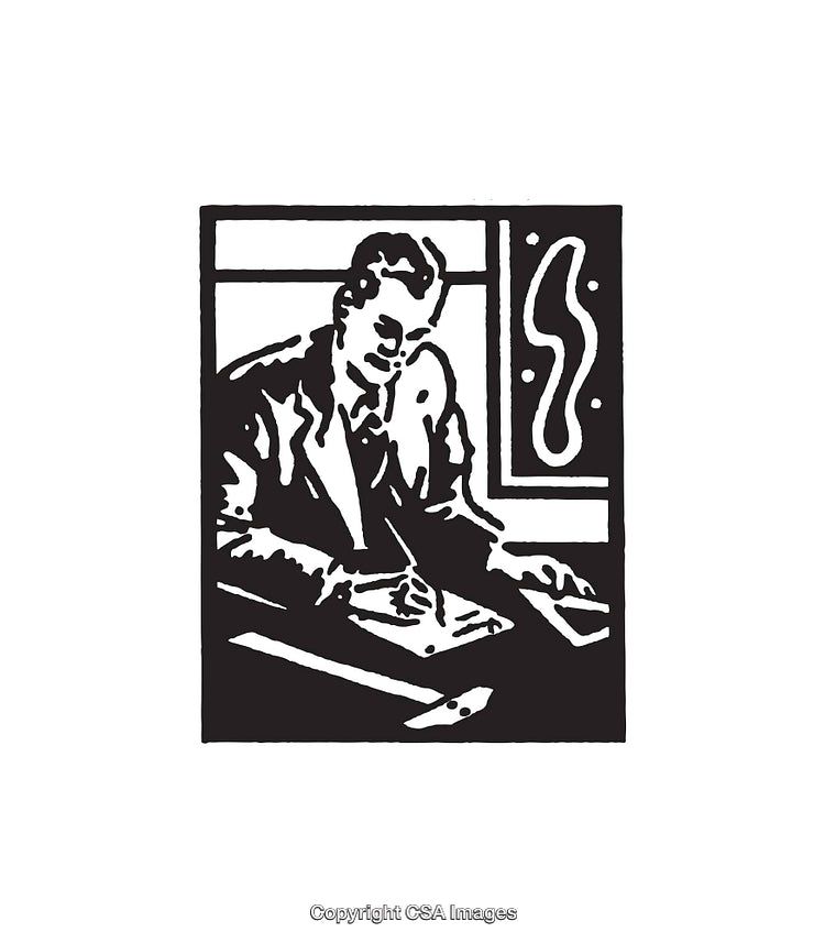 Black and White Line Art of Man Writing at Desk
