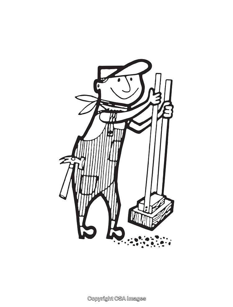 Black and White Line Art Depicting a Happy Worker with Tools