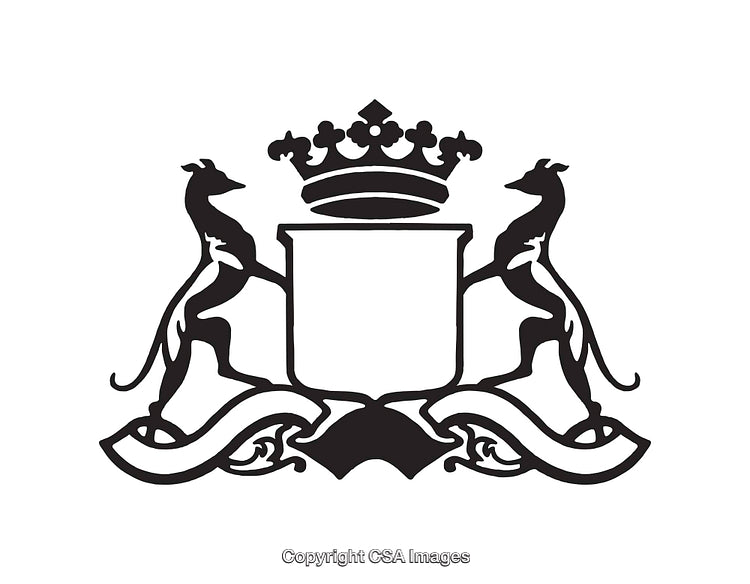 Elegant Black and White Heraldic Crest with Crown and Animals
