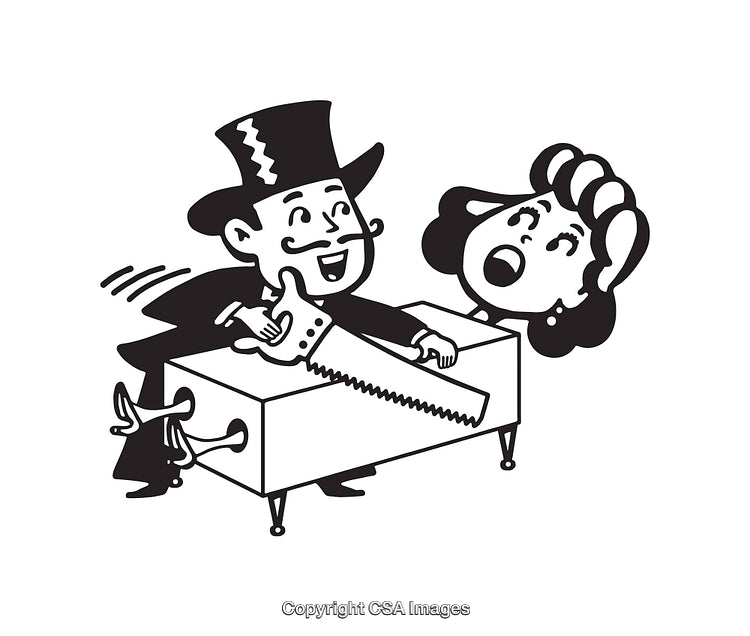 Vintage Line Art of a Magician Performing Sawing Illusion Act