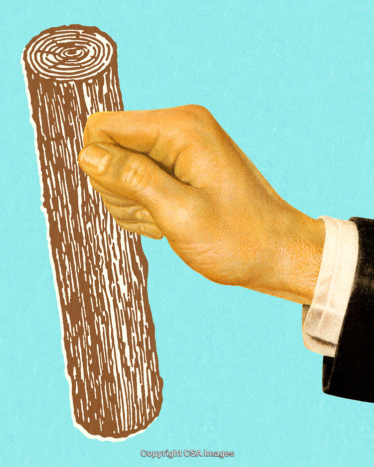 Retro Hand Knocking on Wooden Log Against Aqua Background