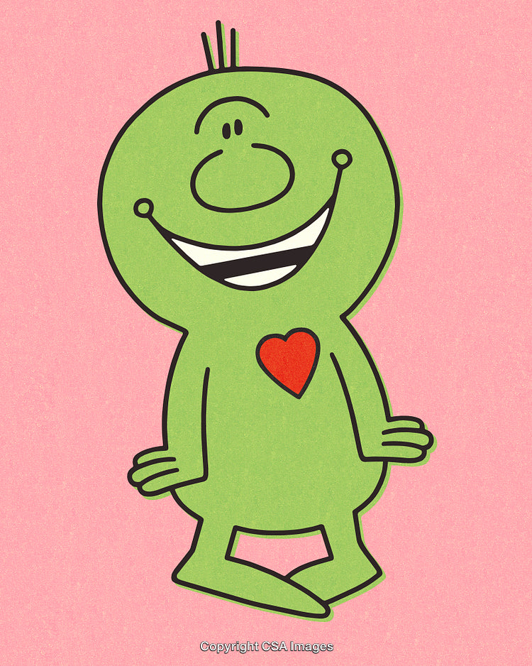Green Cartoon Character with a Heart Symbol on Pink Background