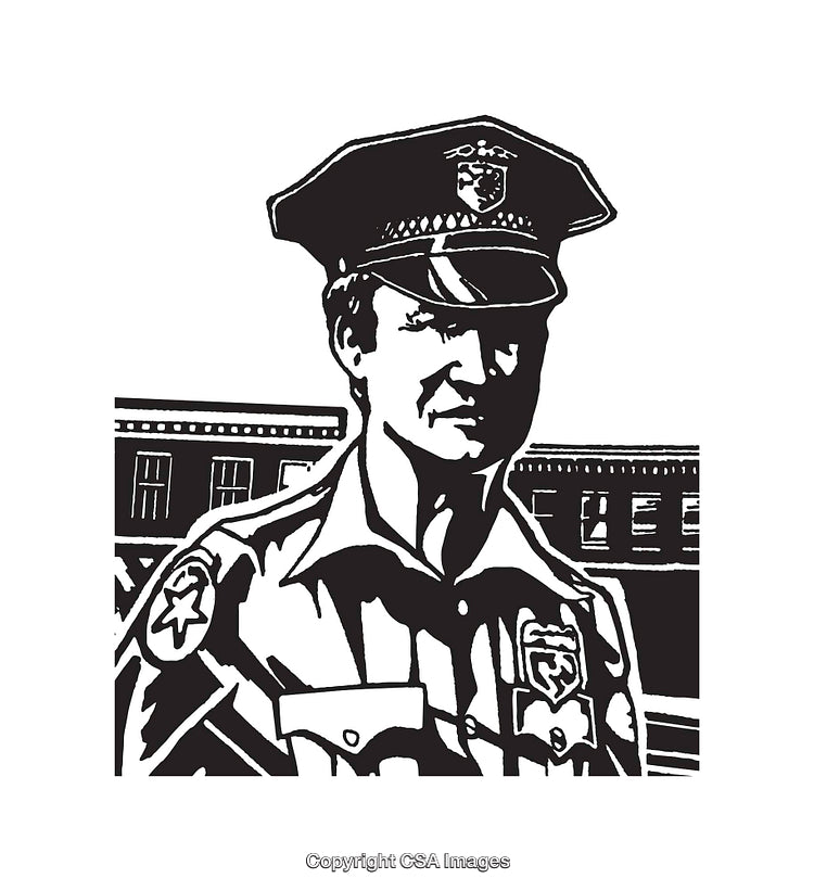 Black and White Line Art of a Police Officer in Uniform Outside a Building