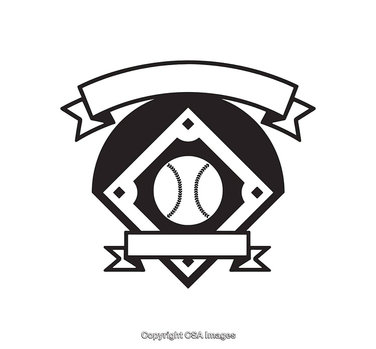 Monochrome Baseball Field Emblem with Banner and Ball Illustration