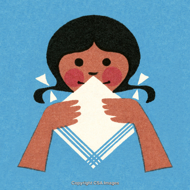 Illustrated Girl Holding Handkerchief Against a Bright Blue Backdrop