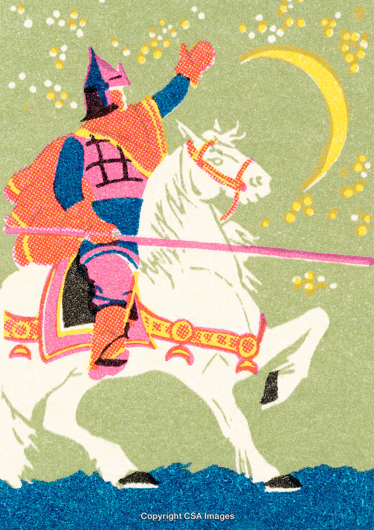 Colorful Illustration of a Knight on Horseback Under a Crescent Moon