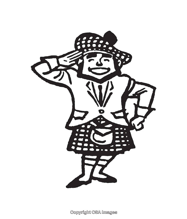 Cheerful Cartoon Character in Traditional Scottish Attire with Saluting Posture