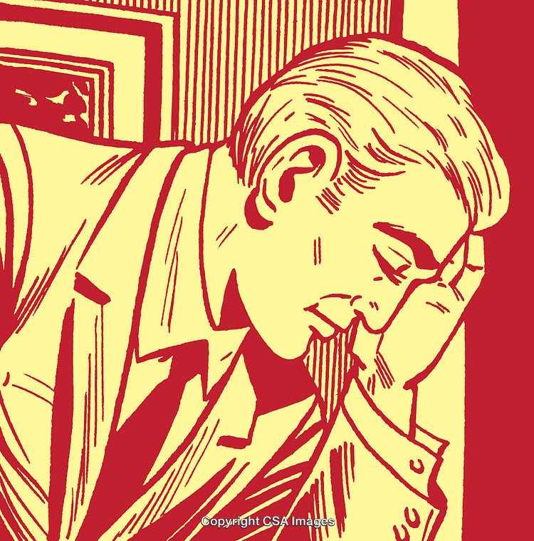 Retro Style Illustration of a Contemplative Businessman in Thoughtful Pose